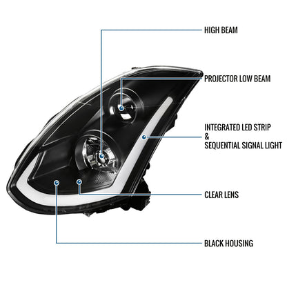Ronnin - Fits 2003-2007 Infiniti G35 Coupe Upgraded Replacement LED Switchback Sequential Turn Signals Xenon HID Projector Headlights Assembly Pair | Black