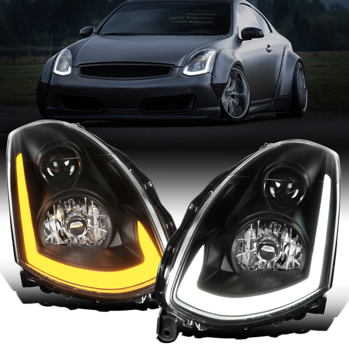 Ronnin - Fits 2003-2007 Infiniti G35 Coupe Upgraded Replacement LED Switchback Sequential Turn Signals Xenon HID Projector Headlights Assembly Pair | Black