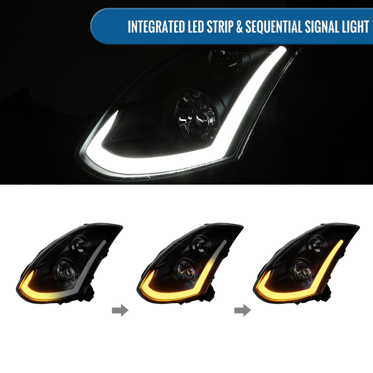 Ronnin - Fits 2003-2007 Infiniti G35 Coupe LED Switchback Sequential Turn Signals Xenon HID Projector Headlights Assembly Pair | Black Smoke