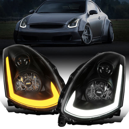 Ronnin - Fits 2003-2007 Infiniti G35 Coupe LED Switchback Sequential Turn Signals Xenon HID Projector Headlights Assembly Pair | Black Smoke