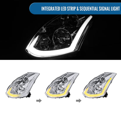 Ronnin - Fits 2003-2007 Infiniti G35 Coupe Upgraded Replacement LED Switchback Sequential Turn Signals Xenon HID Projector Headlights Assembly Pair | Chrome
