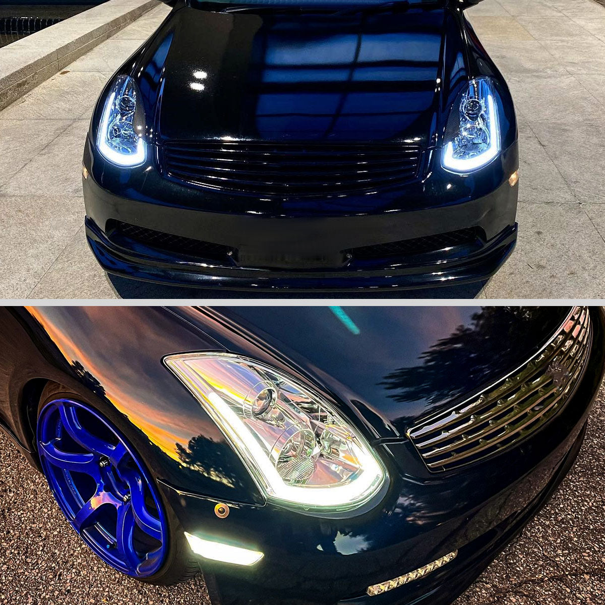 Ronnin - Fits 2003-2007 Infiniti G35 Coupe Upgraded Replacement LED Switchback Sequential Turn Signals Xenon HID Projector Headlights Assembly Pair | Chrome