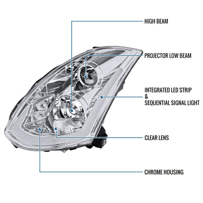 Ronnin - Fits 2003-2007 Infiniti G35 Coupe Upgraded Replacement LED Switchback Sequential Turn Signals Xenon HID Projector Headlights Assembly Pair | Chrome