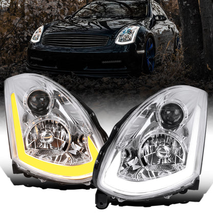 Ronnin - Fits 2003-2007 Infiniti G35 Coupe Upgraded Replacement LED Switchback Sequential Turn Signals Xenon HID Projector Headlights Assembly Pair | Chrome