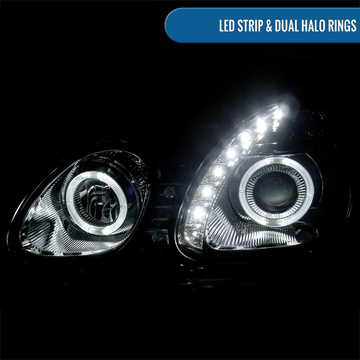 Ronnin - Fits 1998-2005 Lexus GS300 GS400 GS430 Upgraded Replacement Halogen Projector Headlights LED Dual Halo Rims Running Lights Assembly Pair | Chrome