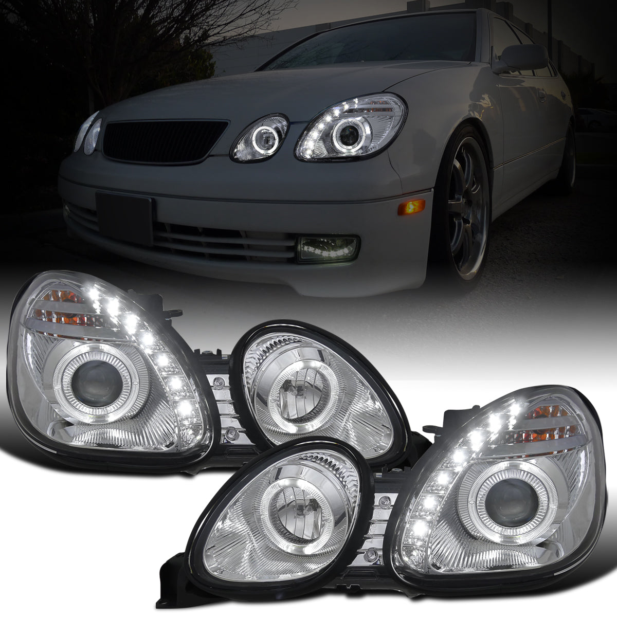 Ronnin - Fits 1998-2005 Lexus GS300 GS400 GS430 Upgraded Replacement Halogen Projector Headlights LED Dual Halo Rims Running Lights Assembly Pair | Chrome