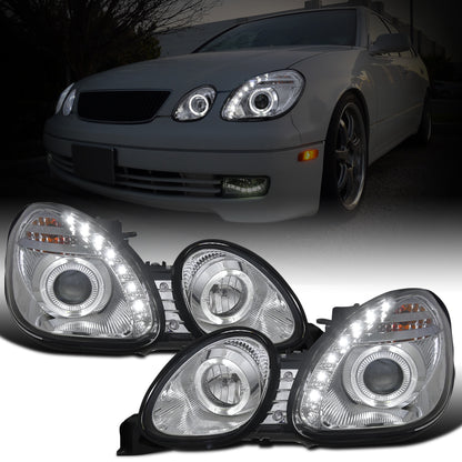 Ronnin - Fits 1998-2005 Lexus GS300 GS400 GS430 Upgraded Replacement Halogen Projector Headlights LED Dual Halo Rims Running Lights Assembly Pair | Chrome