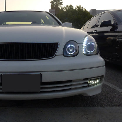 Ronnin - Fits 1998-2005 Lexus GS300 GS400 GS430 Upgraded Replacement Halogen Projector Headlights LED Dual Halo Rims Running Lights Assembly Pair | Black