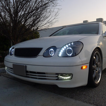 Ronnin - Fits 1998-2005 Lexus GS300 GS400 GS430 Upgraded Replacement Halogen Projector Headlights LED Dual Halo Rims Running Lights Assembly Pair | Black