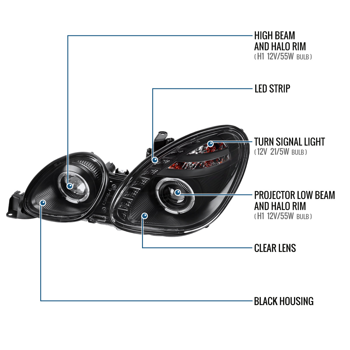 Ronnin - Fits 1998-2005 Lexus GS300 GS400 GS430 Upgraded Replacement Halogen Projector Headlights LED Dual Halo Rims Running Lights Assembly Pair | Black