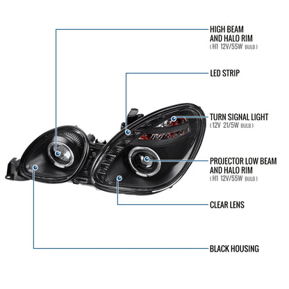 Ronnin - Fits 1998-2005 Lexus GS300 GS400 GS430 Upgraded Replacement Halogen Projector Headlights LED Dual Halo Rims Running Lights Assembly Pair | Black