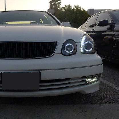 Ronnin - Fits 1998-2005 Lexus GS300 GS400 GS430 Upgraded Replacement Halogen Projector Headlights LED Dual Halo Rims Running Lights Assembly Pair | Black Smoke