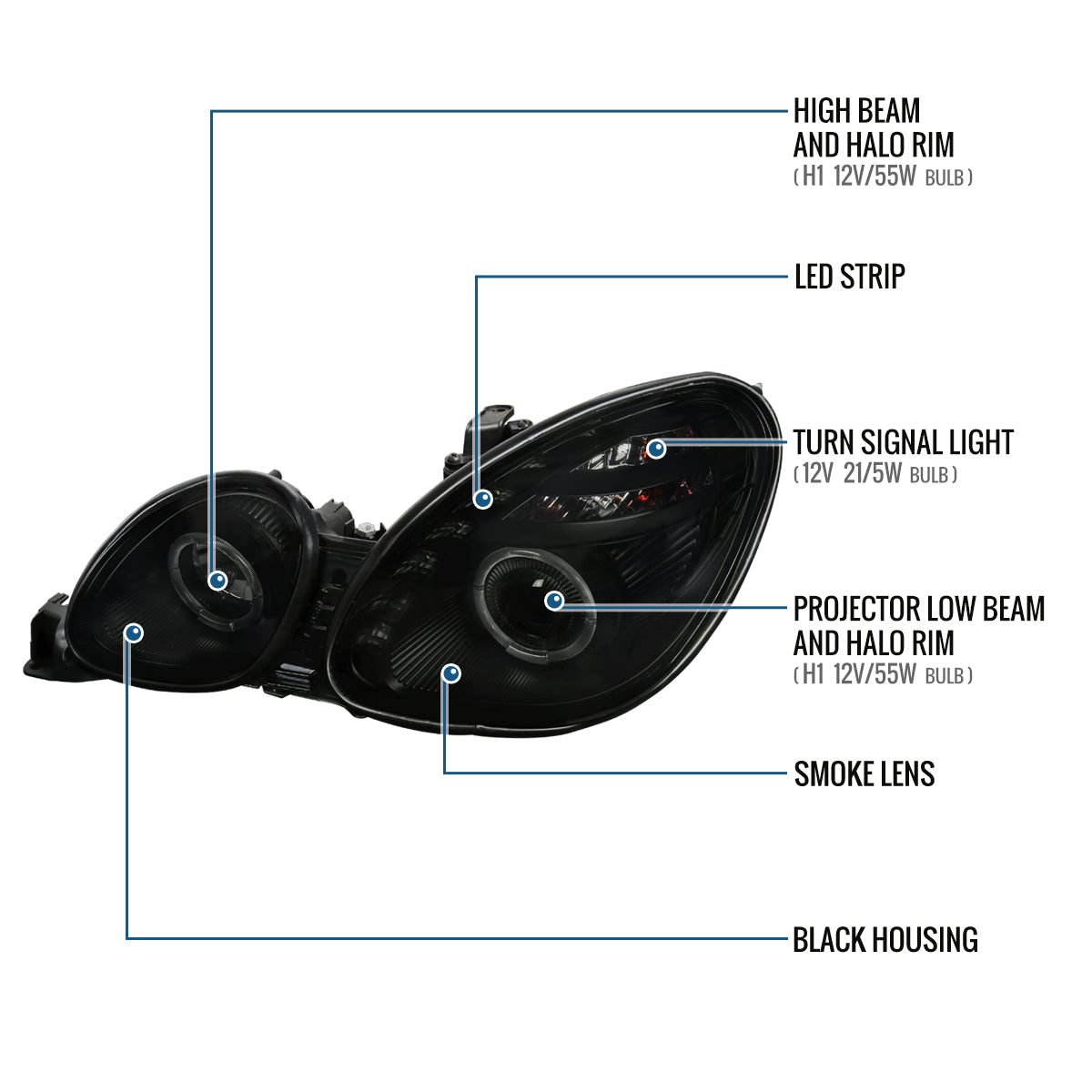 Ronnin - Fits 1998-2005 Lexus GS300 GS400 GS430 Upgraded Replacement Halogen Projector Headlights LED Dual Halo Rims Running Lights Assembly Pair | Black Smoke
