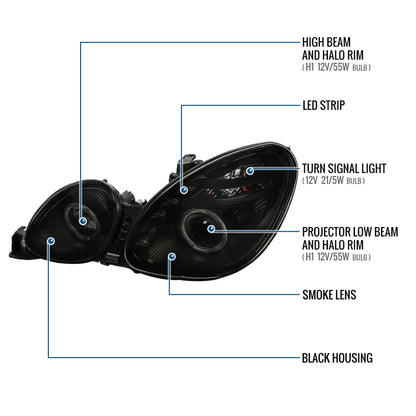 Ronnin - Fits 1998-2005 Lexus GS300 GS400 GS430 Upgraded Replacement Halogen Projector Headlights LED Dual Halo Rims Running Lights Assembly Pair | Black Smoke