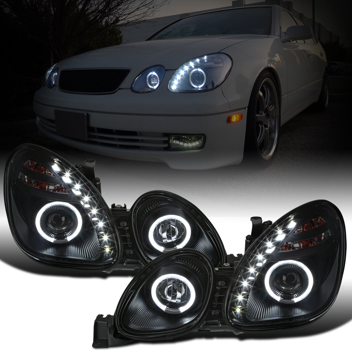 Ronnin - Fits 1998-2005 Lexus GS300 GS400 GS430 Upgraded Replacement Halogen Projector Headlights LED Dual Halo Rims Running Lights Assembly Pair | Black Smoke