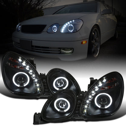 Ronnin - Fits 1998-2005 Lexus GS300 GS400 GS430 Upgraded Replacement Halogen Projector Headlights LED Dual Halo Rims Running Lights Assembly Pair | Black Smoke