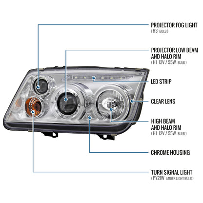 Ronnin - Fits 1999-2005 VW Jetta Bora Mk4 Upgraded Replacement Projector Headlights + Fog Lamps LED Dual Halo Rims Running Lights Assembly Pair | Chrome