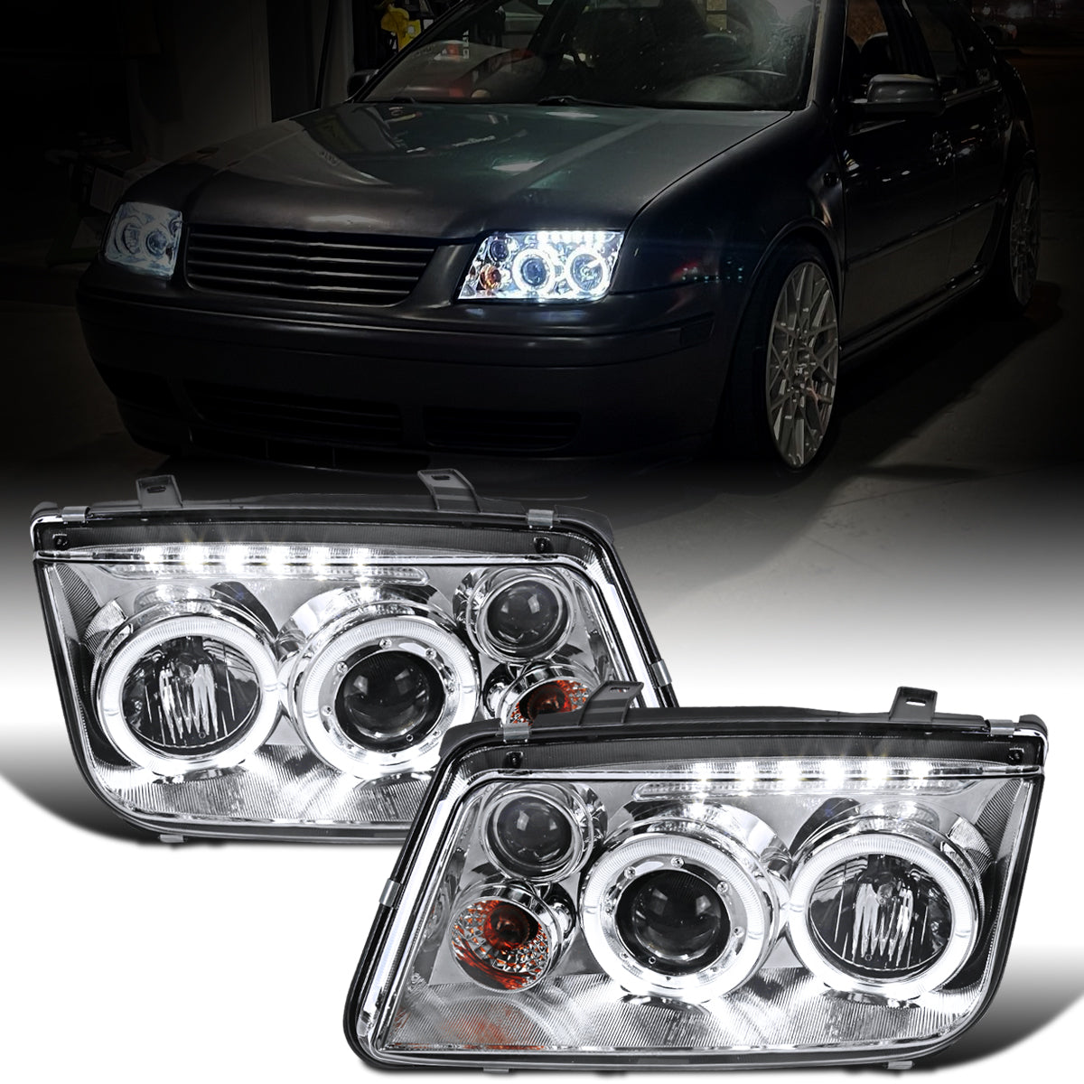Ronnin - Fits 1999-2005 VW Jetta Bora Mk4 Upgraded Replacement Projector Headlights + Fog Lamps LED Dual Halo Rims Running Lights Assembly Pair | Chrome