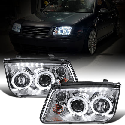 Ronnin - Fits 1999-2005 VW Jetta Bora Mk4 Upgraded Replacement Projector Headlights + Fog Lamps LED Dual Halo Rims Running Lights Assembly Pair | Chrome