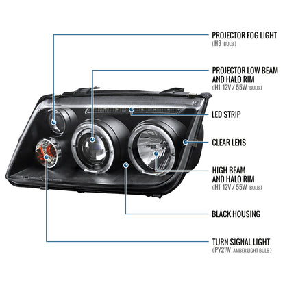 Ronnin - Fits 1999-2005 VW Jetta Bora Mk4 Upgraded Replacement Projector Headlights + Fog Lamps LED Dual Halo Rims Running Lights Assembly Pair | Black