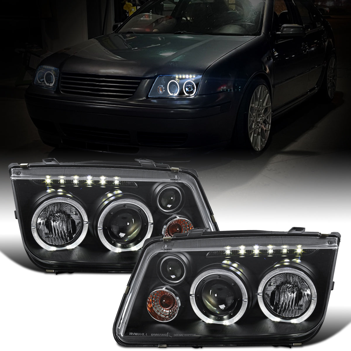 Ronnin - Fits 1999-2005 VW Jetta Bora Mk4 Upgraded Replacement Projector Headlights + Fog Lamps LED Dual Halo Rims Running Lights Assembly Pair | Black