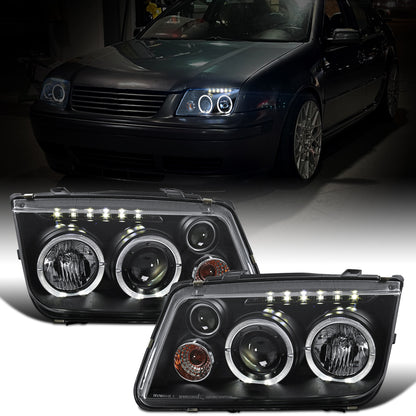 Ronnin - Fits 1999-2005 VW Jetta Bora Mk4 Upgraded Replacement Projector Headlights + Fog Lamps LED Dual Halo Rims Running Lights Assembly Pair | Black