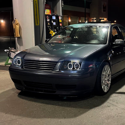 Ronnin - Fits 1999-2005 VW Jetta Bora Mk4 Upgraded Replacement Projector Headlights + Fog Lamps LED Dual Halo Rims Running Lights Assembly Pair | Black Smoke