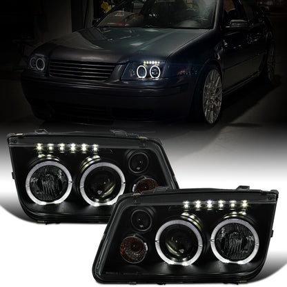 Ronnin - Fits 1999-2005 VW Jetta Bora Mk4 Upgraded Replacement Projector Headlights + Fog Lamps LED Dual Halo Rims Running Lights Assembly Pair | Black Smoke
