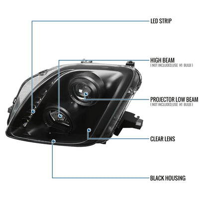 Ronnin - Fits 1997-2001 Honda Prelude Upgraded Replacement Projector Headlights LED Running Lights Assembly Pair | Black