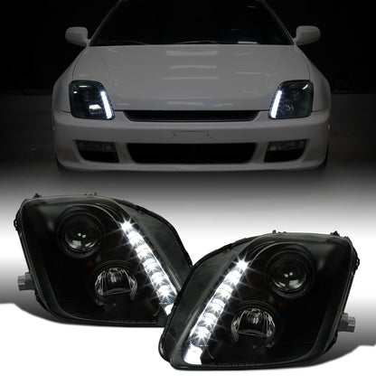 Ronnin - Fits 1997-2001 Honda Prelude Upgraded Replacement Projector Headlights LED Running Lights Assembly Pair | Black Smoke
