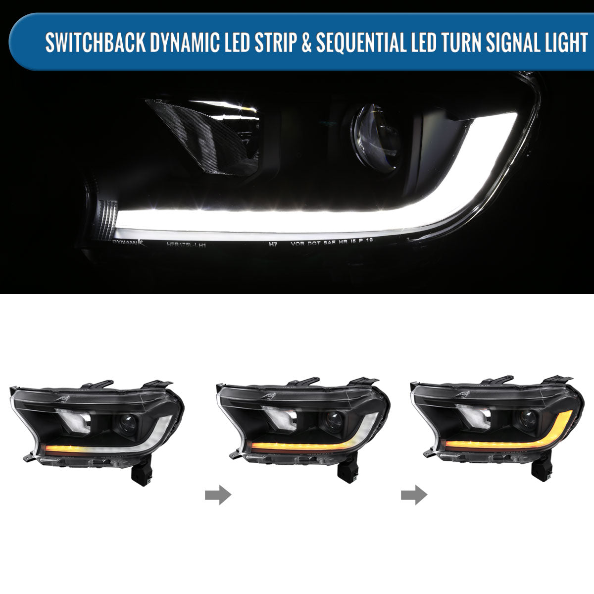 Ronnin - Fits 2019-2023 Ford Ranger XL XLT Pickup Truck Halogen Projector Headlights LED Switchback Sequential Signal + Animated Startup Effect Parking Assembly Pair | Black