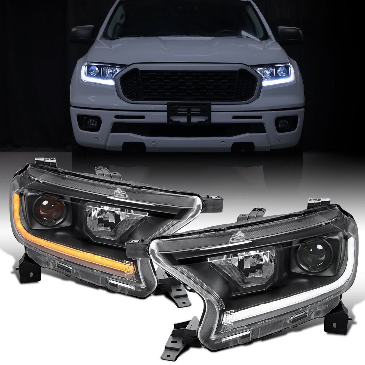 Ronnin - Fits 2019-2023 Ford Ranger XL XLT Pickup Truck Halogen Projector Headlights LED Switchback Sequential Signal + Animated Startup Effect Parking Assembly Pair | Black