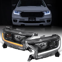 Ronnin - Fits 2019-2023 Ford Ranger XL XLT Pickup Truck Halogen Projector Headlights LED Switchback Sequential Signal + Animated Startup Effect Parking Assembly Pair | Black