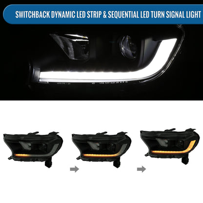 Ronnin - Fits 2019-2023 Ford Ranger XL XLT Pickup Truck Halogen Projector Headlights LED Switchback Sequential Signal + Animated Startup Effect Parking Assembly Pair | Black Smoke