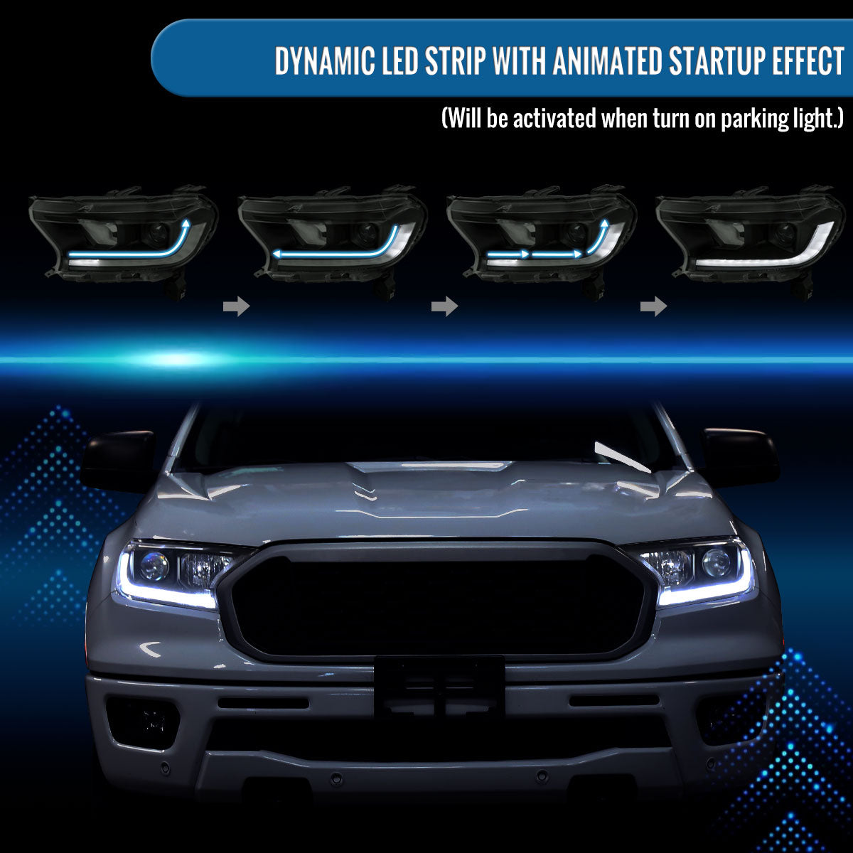 Ronnin - Fits 2019-2023 Ford Ranger XL XLT Pickup Truck Halogen Projector Headlights LED Switchback Sequential Signal + Animated Startup Effect Parking Assembly Pair | Black Smoke