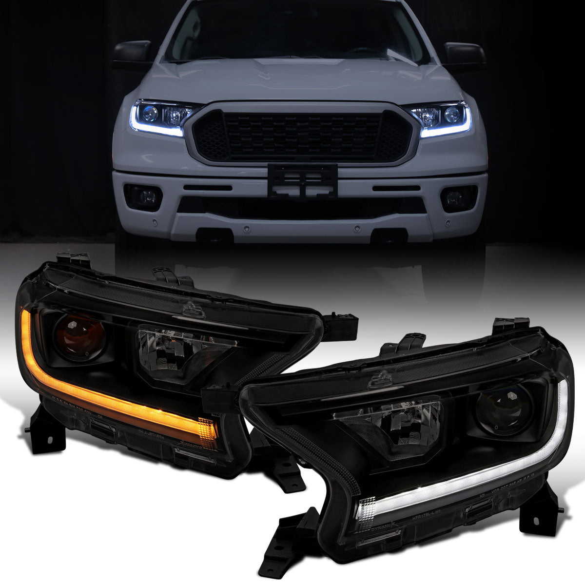 Ronnin - Fits 2019-2023 Ford Ranger XL XLT Pickup Truck Halogen Projector Headlights LED Switchback Sequential Signal + Animated Startup Effect Parking Assembly Pair | Black Smoke