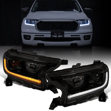 Ronnin - Fits 2019-2023 Ford Ranger XL XLT Pickup Truck Halogen Projector Headlights LED Switchback Sequential Signal + Animated Startup Effect Parking Assembly Pair | Black Smoke