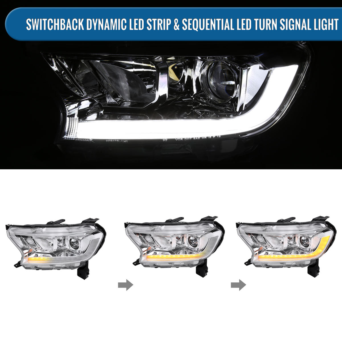 Ronnin - Fits 2019-2023 Ford Ranger XL XLT Pickup Truck Halogen Projector Headlights LED Switchback Sequential Signal + Animated Startup Effect Parking Assembly Pair | Chrome