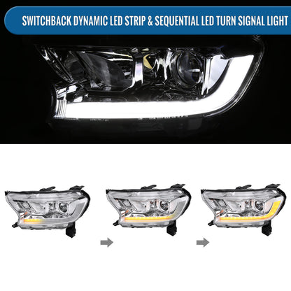 Ronnin - Fits 2019-2023 Ford Ranger XL XLT Pickup Truck Halogen Projector Headlights LED Switchback Sequential Signal + Animated Startup Effect Parking Assembly Pair | Chrome
