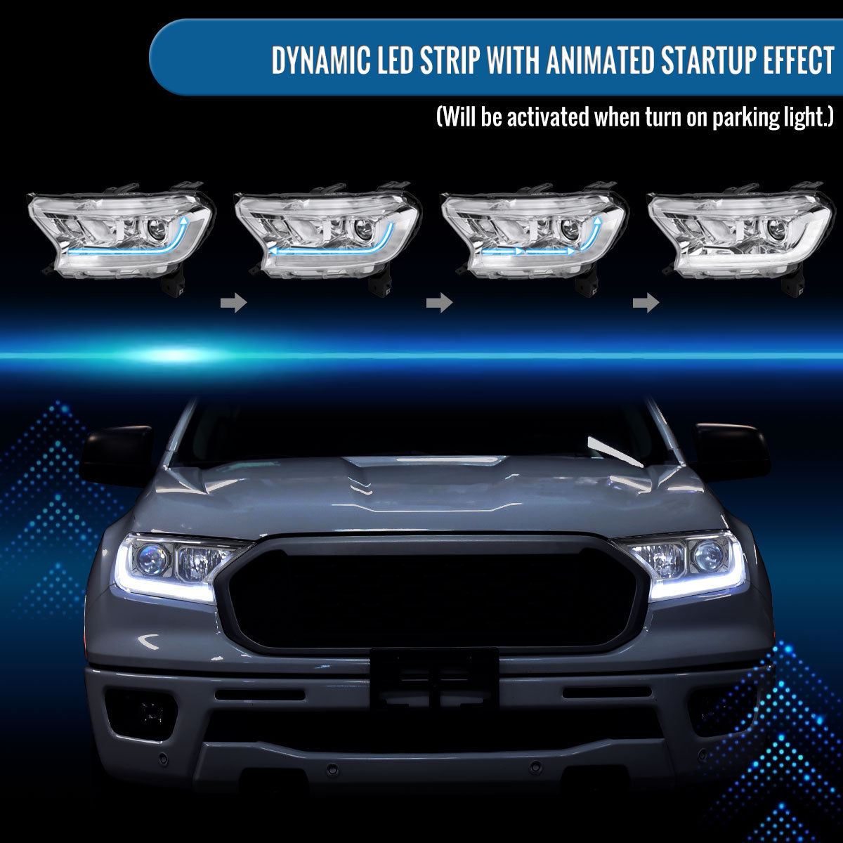 Ronnin - Fits 2019-2023 Ford Ranger XL XLT Pickup Truck Halogen Projector Headlights LED Switchback Sequential Signal + Animated Startup Effect Parking Assembly Pair | Chrome