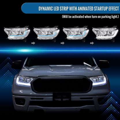 Ronnin - Fits 2019-2023 Ford Ranger XL XLT Pickup Truck Halogen Projector Headlights LED Switchback Sequential Signal + Animated Startup Effect Parking Assembly Pair | Chrome