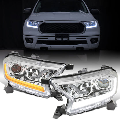 Ronnin - Fits 2019-2023 Ford Ranger XL XLT Pickup Truck Halogen Projector Headlights LED Switchback Sequential Signal + Animated Startup Effect Parking Assembly Pair | Chrome