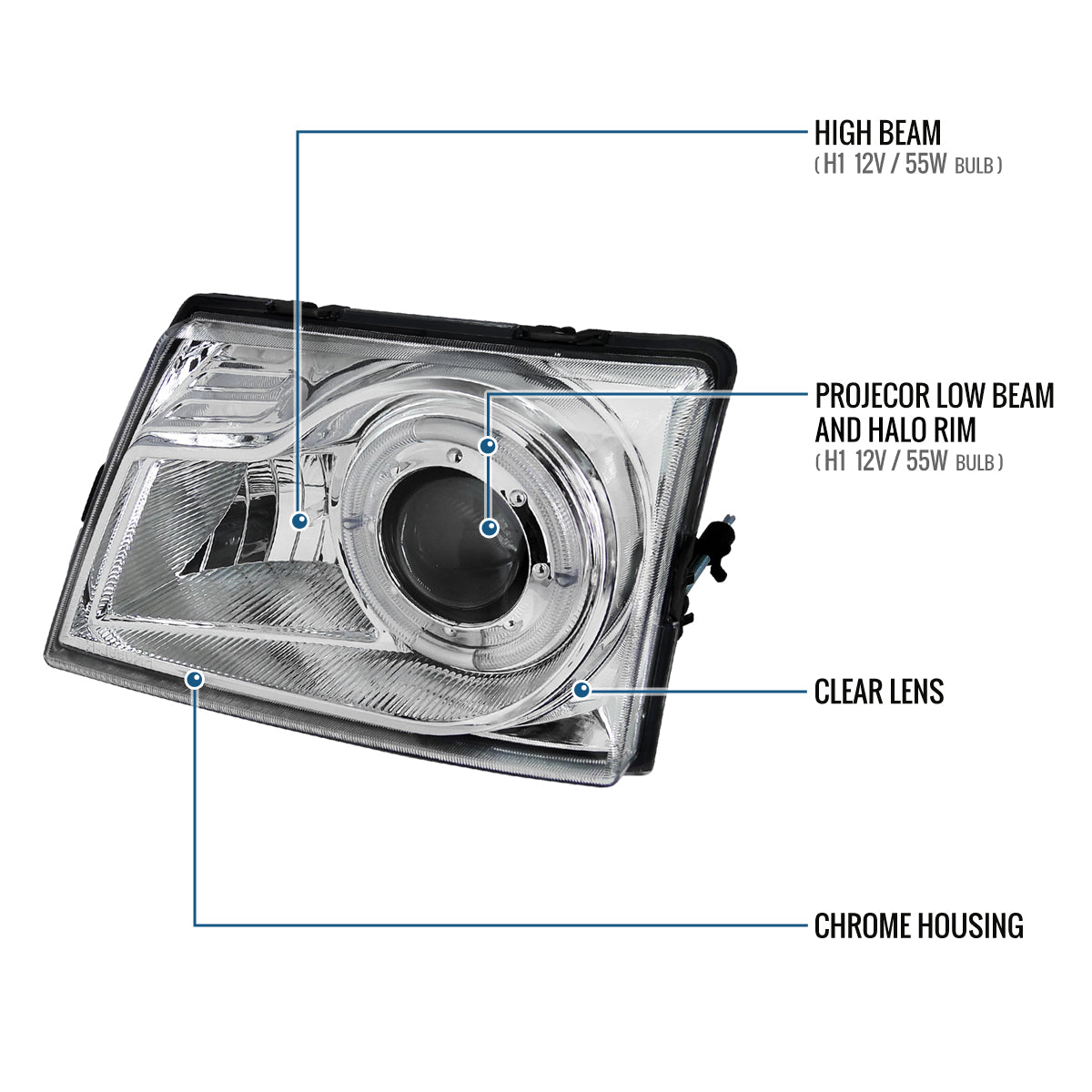 Ronnin - Fits 1998-2000 Ford Ranger LED Halo Rims Projector Headlights Head Lamps Replacement Pair | Chrome