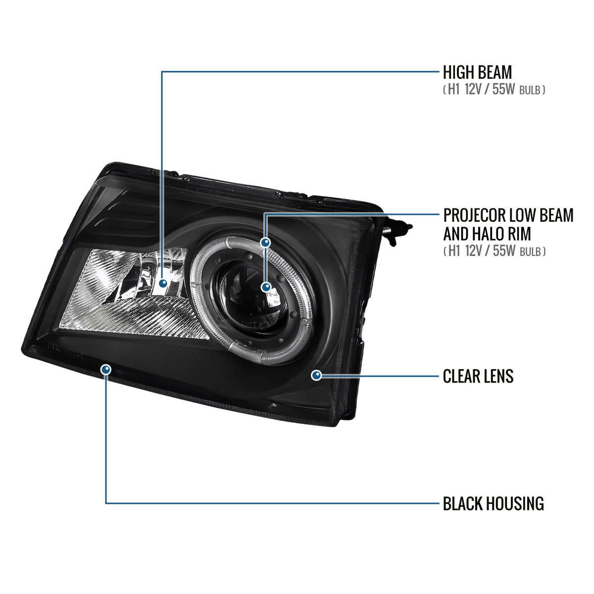 Ronnin - Fits 1998-2000 Ford Ranger LED Halo Rims Projector Headlights Head Lamps Replacement Pair | Black