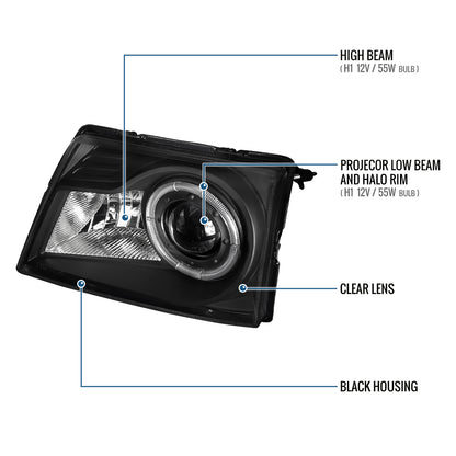 Ronnin - Fits 1998-2000 Ford Ranger LED Halo Rims Projector Headlights Head Lamps Replacement Pair | Black