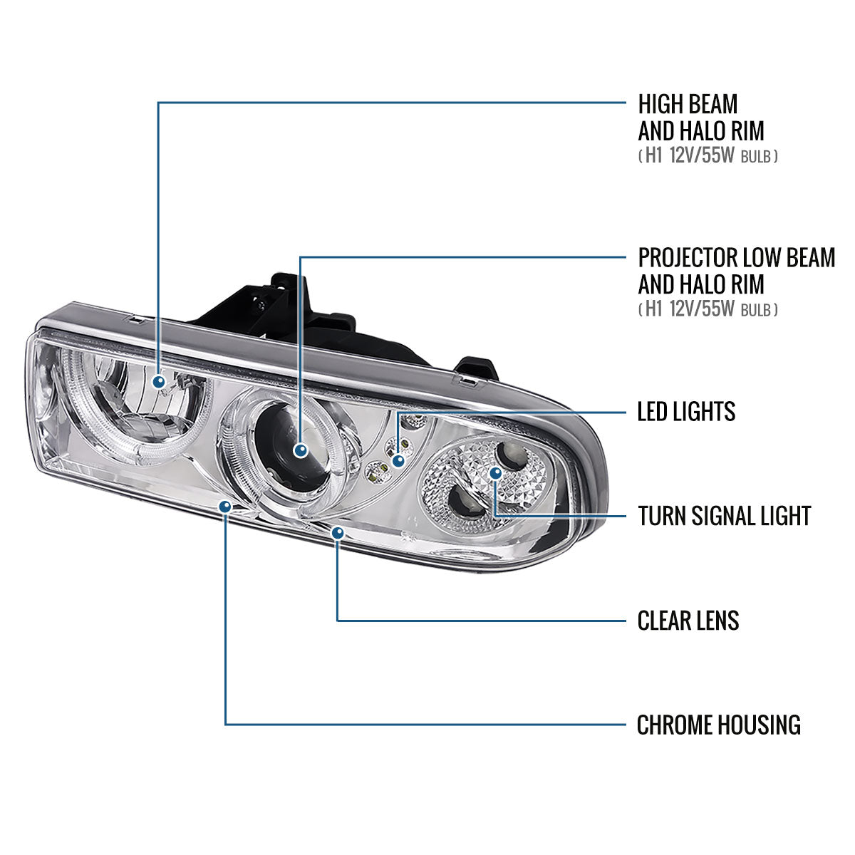1998-2004 Chevy S10 Blazer  Replacement Projector Headlights Assembly Pair | Chrome