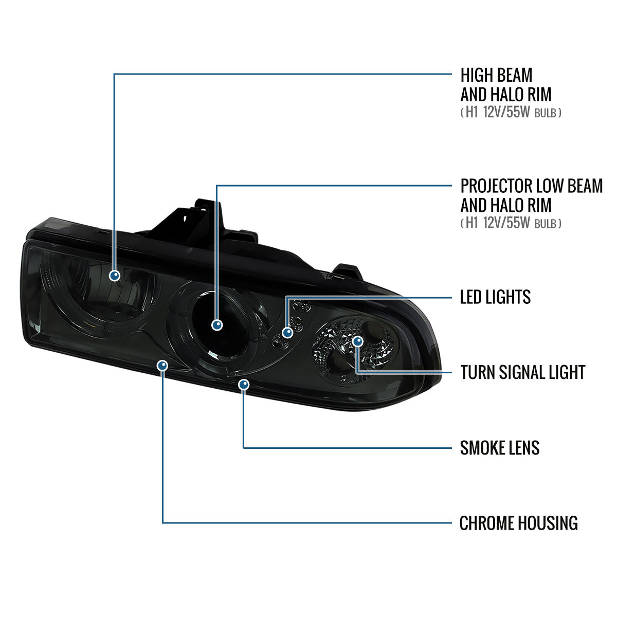 1998-2004 Chevy S10 Blazer  Replacement Projector Headlights Assembly Pair | Smoke