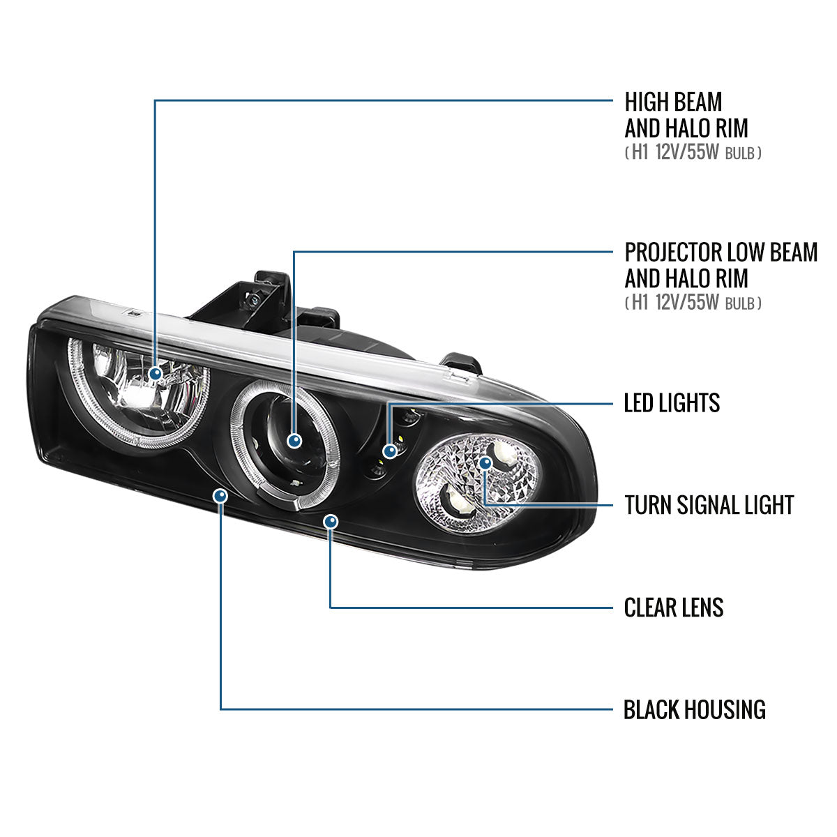 1998-2004 Chevy S10 Blazer  Replacement Projector Headlights Assembly Pair | Black