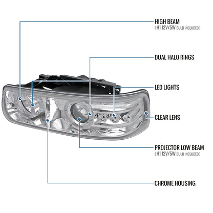 Ronnin - Fits 1999-2006 Silverado Suburban Tahoe Upgraded LED Dual Halo Rims Running Lights Projector Headlights Assembly Pair | Chrome