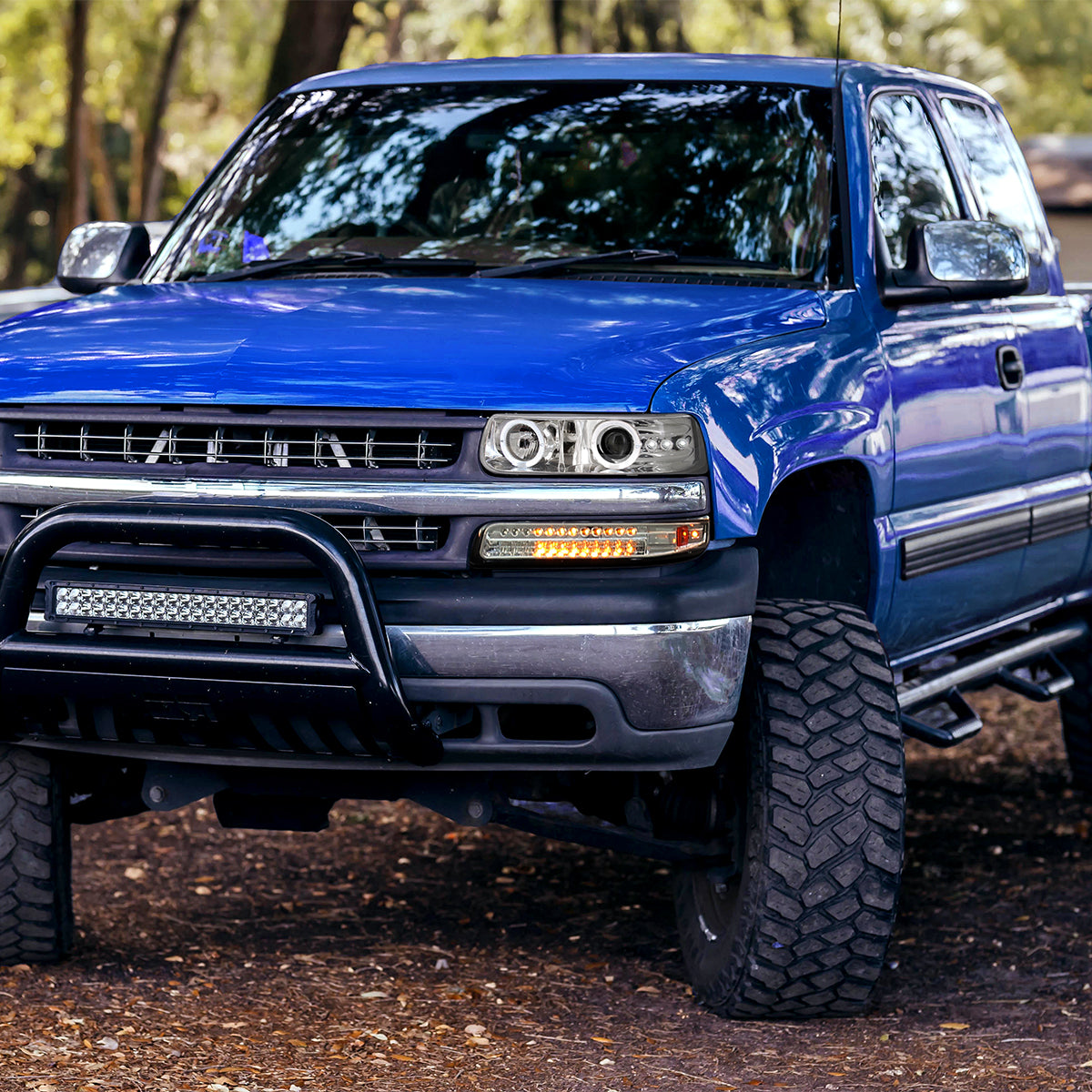 Ronnin - Fits 1999-2006 Silverado Suburban Tahoe Upgraded LED Dual Halo Rims Running Lights Projector Headlights Assembly Pair | Chrome